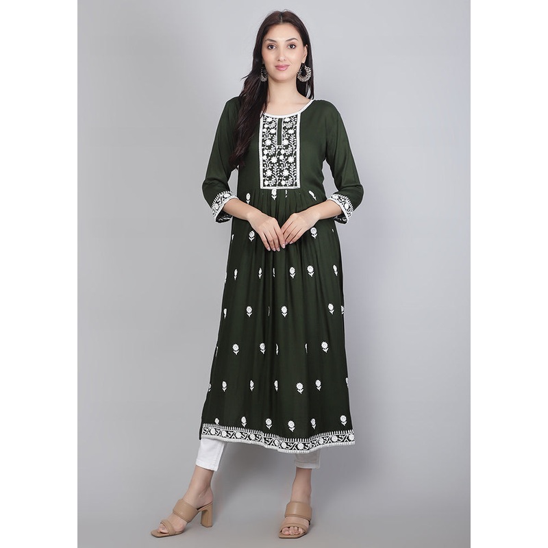 Green Readymade Rayon Chikankari Kurti - JD986597249