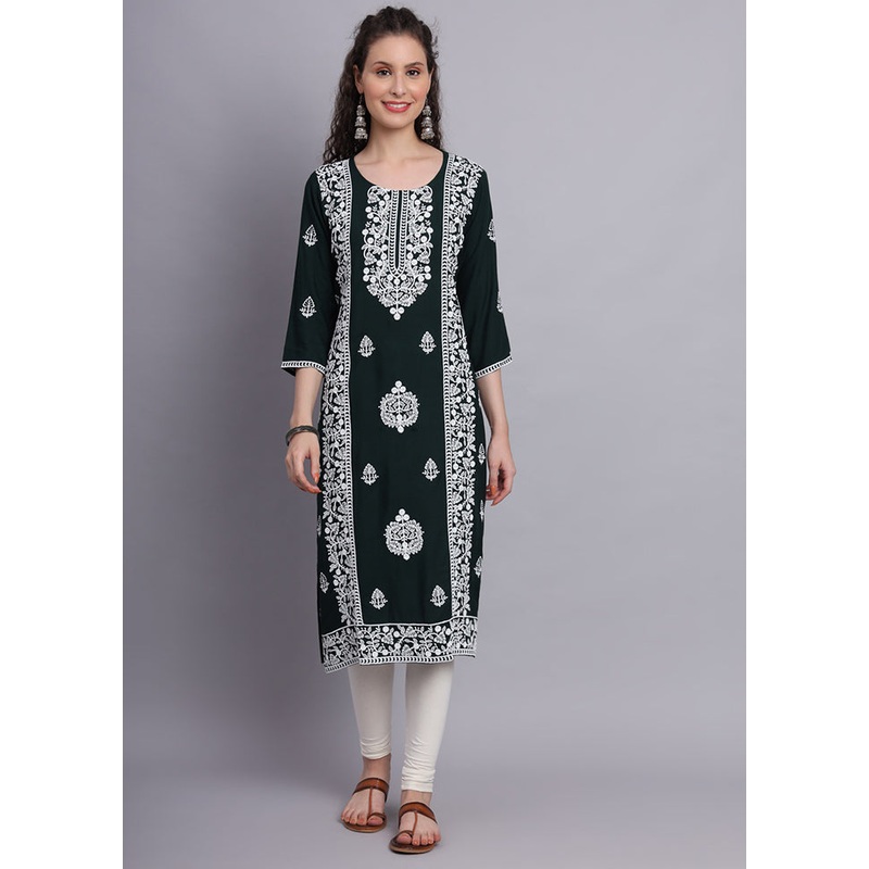 Green Readymade Rayon Chikankari Kurti - JD986597251