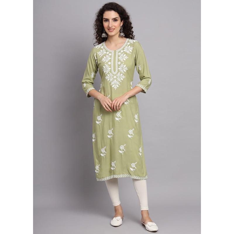 Green Readymade Rayon Chikankari Kurti - JD986597282