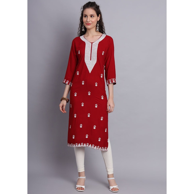 Maroon Readymade Rayon Chikankari Kurti - JD986597242