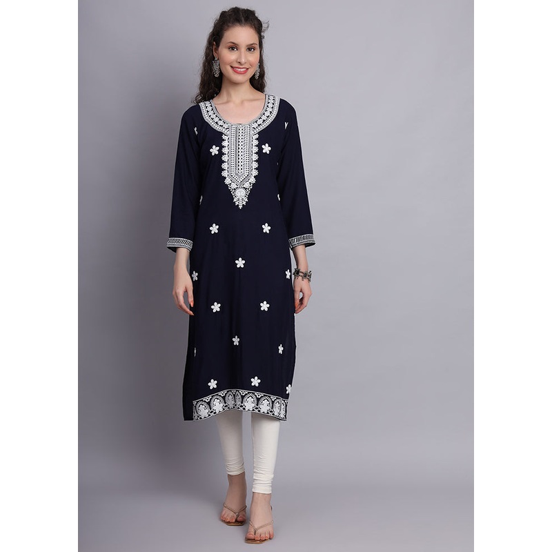 Navy Blue Readymade Rayon Chikankari Kurti - JD986597238