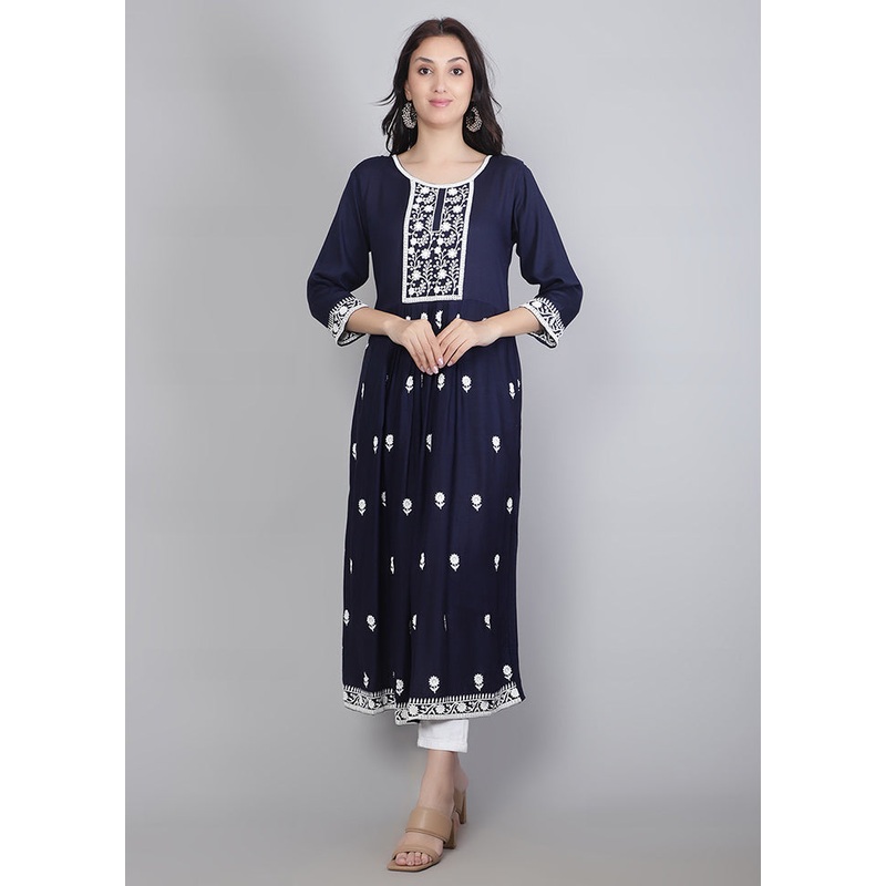 Navy Blue Readymade Rayon Chikankari Kurti - JD986597247