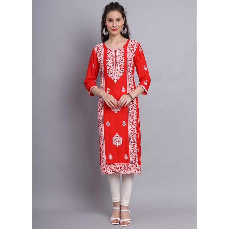 Orange Readymade Rayon Chikankari Kurti - JD986597254