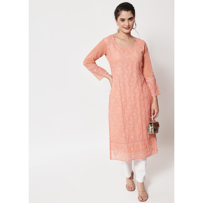 Peach Readymade Georgette Chikankari Kurti - JD986597197