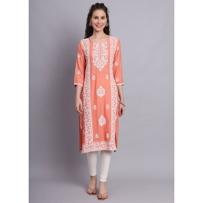 Peach Readymade Rayon Chikankari Kurti - JD986597253