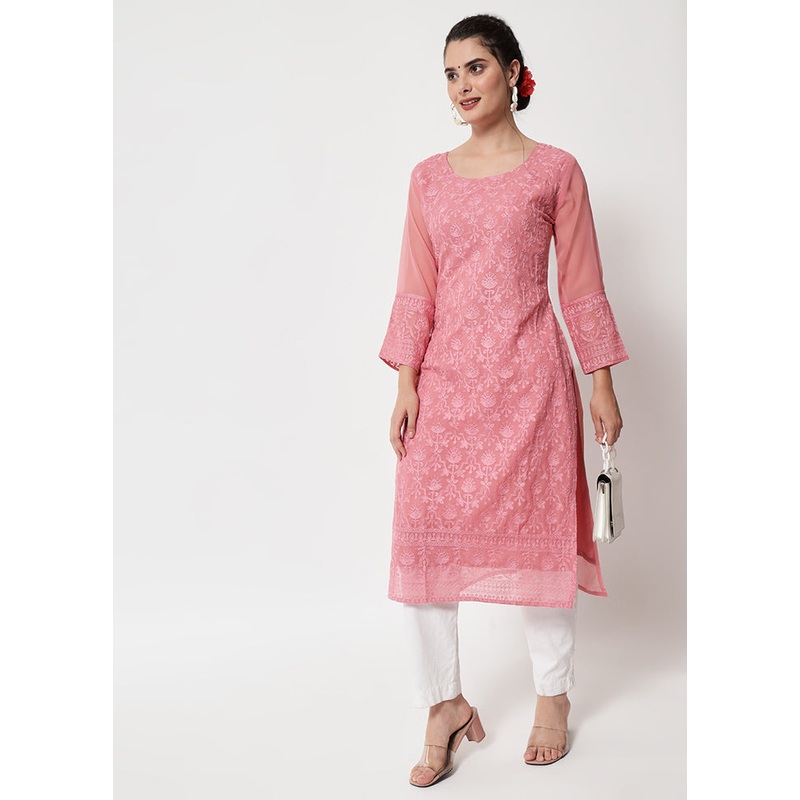 Pink Readymade Georgette Chikankari Kurti - JD986597196