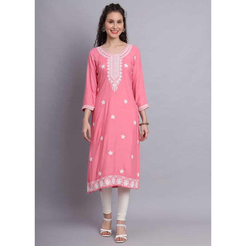 Pink Readymade Rayon Chikankari Kurti - JD986597236