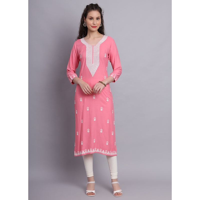 Pink Readymade Rayon Chikankari Kurti - JD986597239