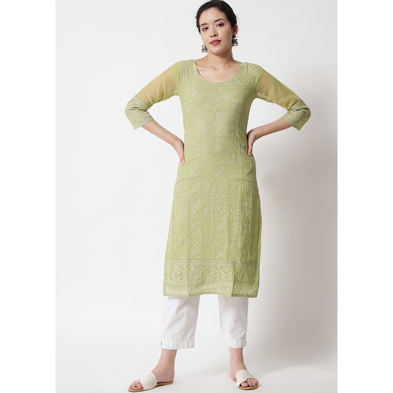 Pista Green Readymade Georgette Chikankari Kurti - JD986597188