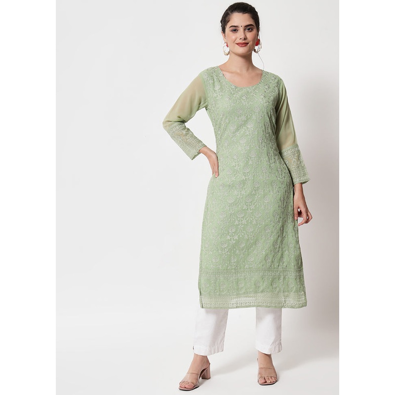 Pista Green Readymade Georgette Chikankari Kurti - JD986597195