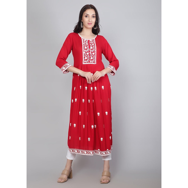 Red Readymade Rayon Chikankari Kurti - JD986597248