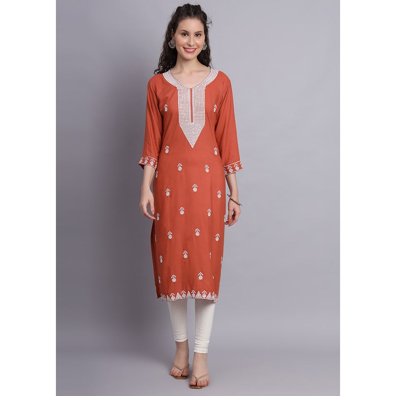 Rust Readymade Rayon Chikankari Kurti - JD986597237