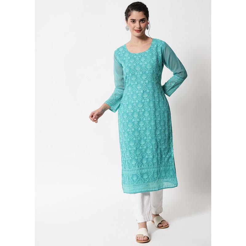 Sea Green Readymade Georgette Chikankari Kurti - JD986597194