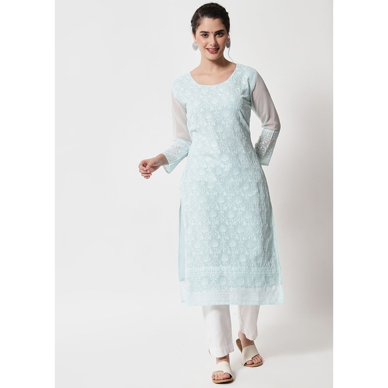 Sky Blue Readymade Georgette Chikankari Kurti - JD986597193