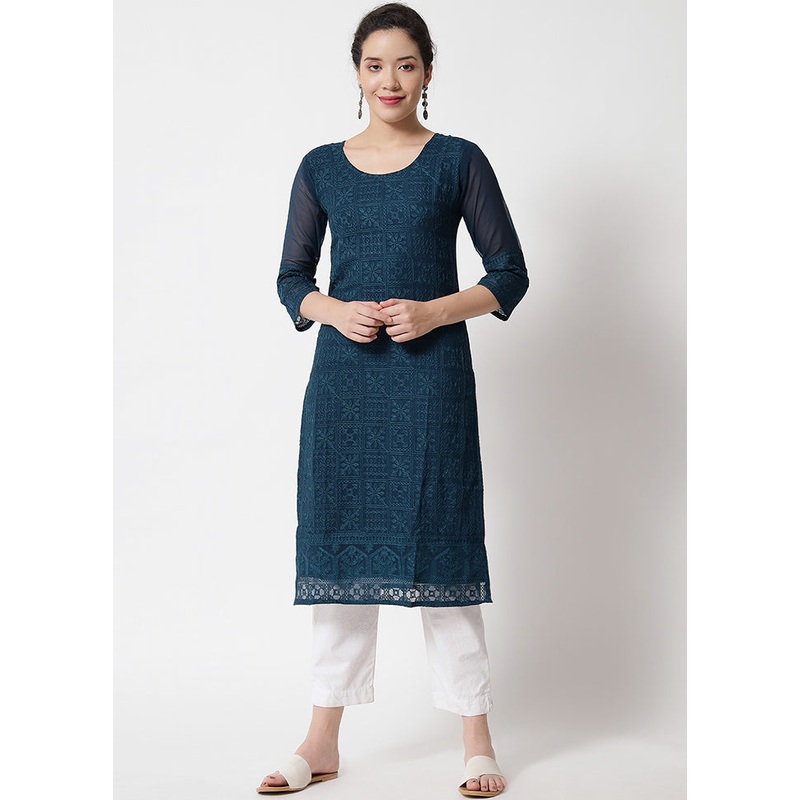 Teal Blue Readymade Georgette Chikankari Kurti - JD986597190
