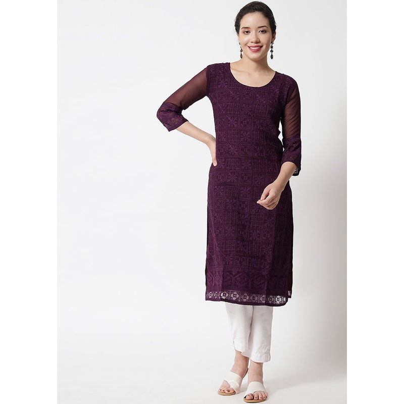 Wine Readymade Georgette Chikankari Kurti - JD986597186