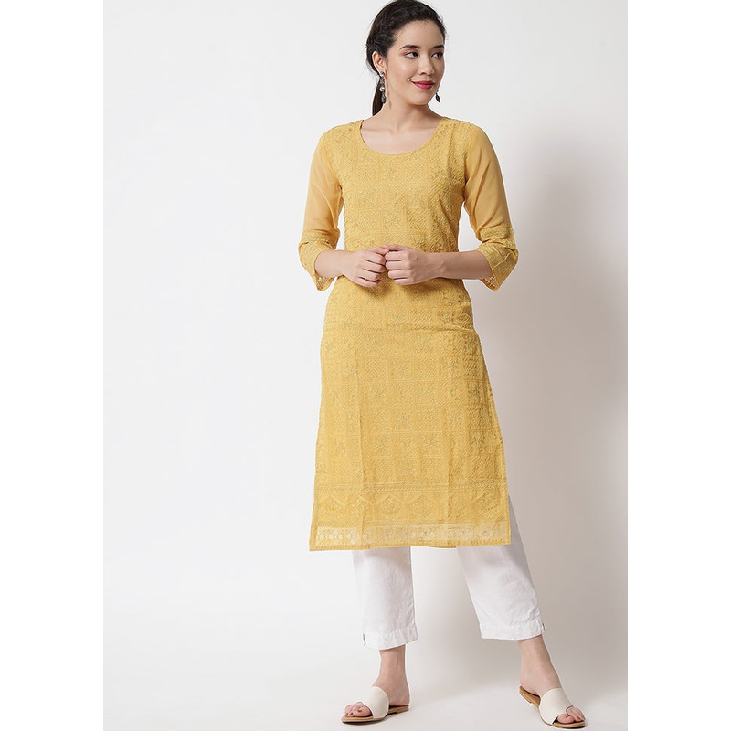 Yellow Readymade Georgette Chikankari Kurti - JD986597187