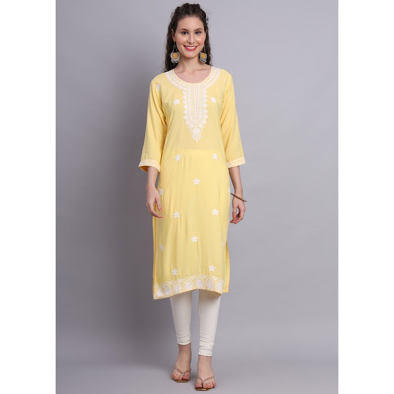 Yellow Readymade Rayon Chikankari Kurti - JD986597234