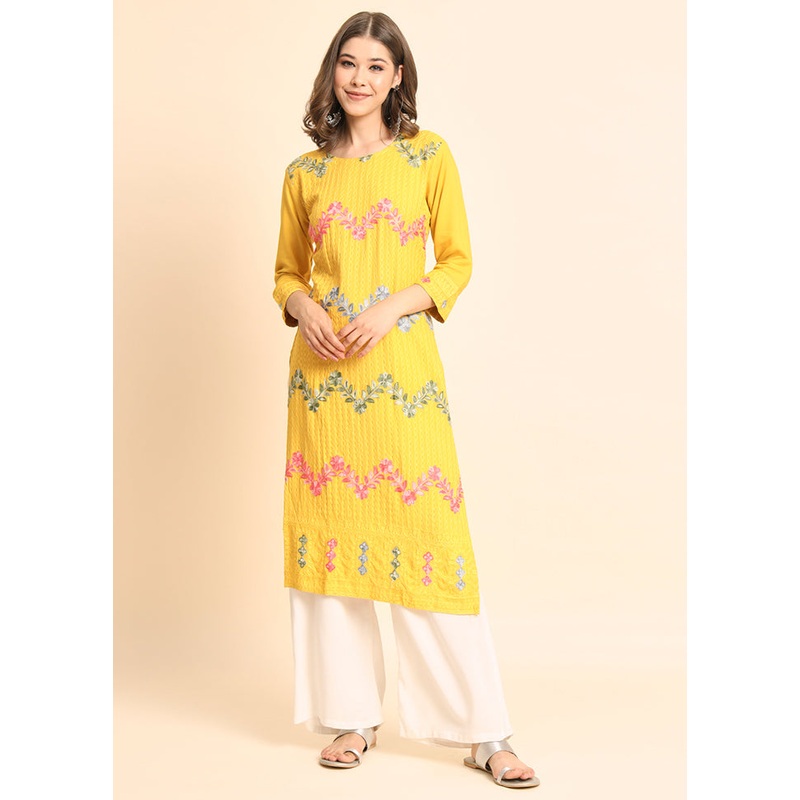 Yellow Readymade Rayon Chikankari Kurti - JD986597269