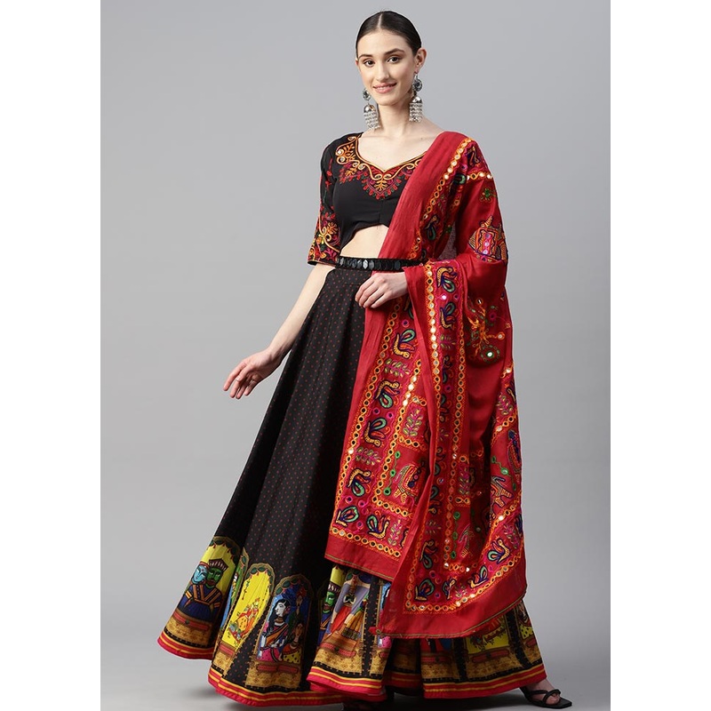 3 Pc Black Crepe Semi Stitched Lehenga Set - JD986596997