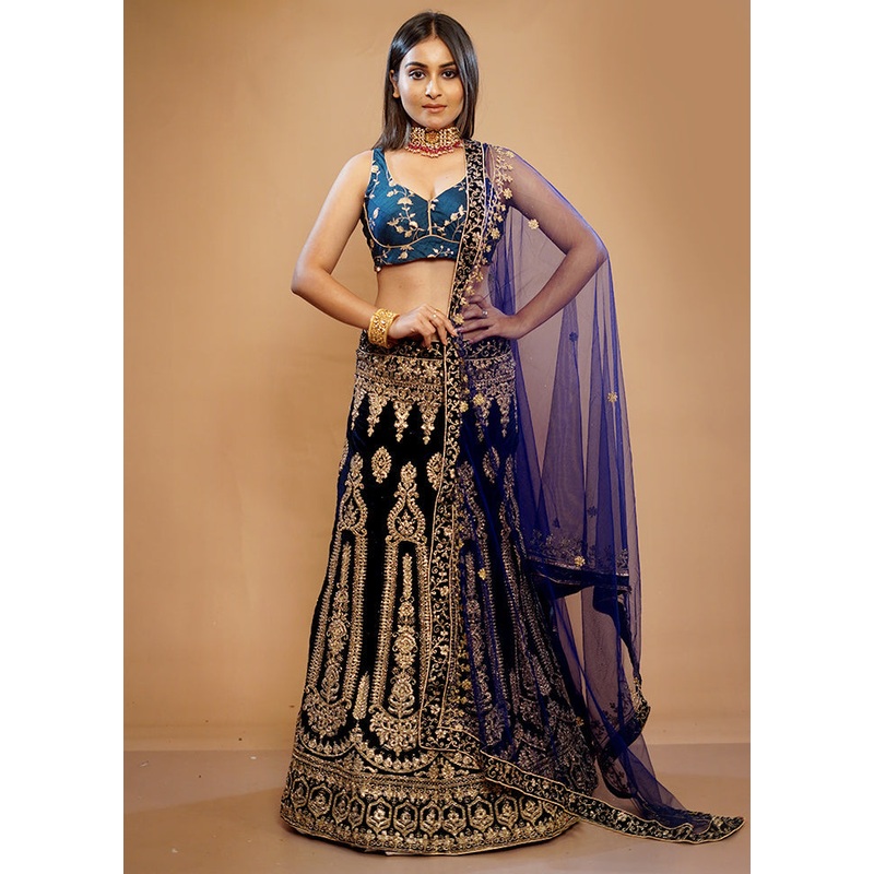 3 Pc Black Georgette Semi Stitched Lehenga Set - JD986596920