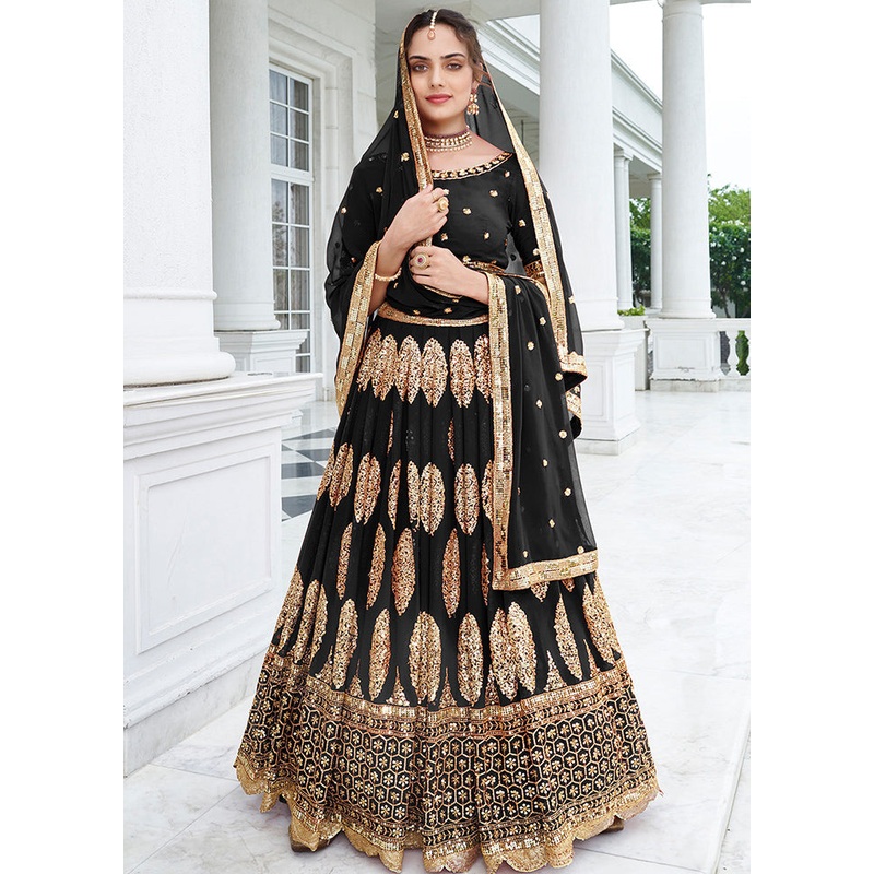 3 Pc Black Georgette Semi Stitched Lehenga Set - JD986596947