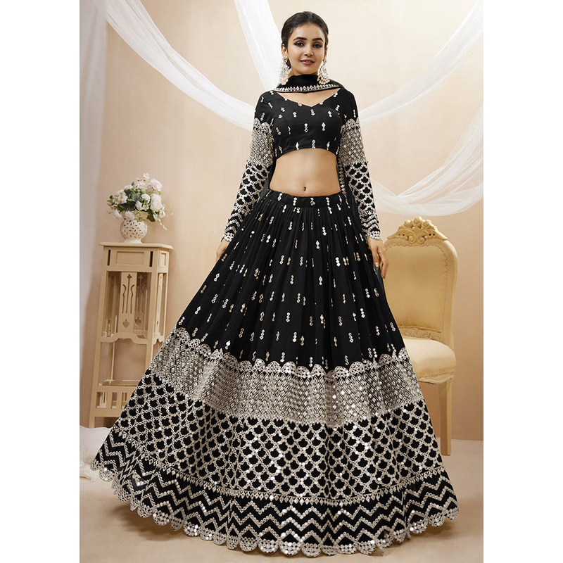 3 Pc Black Georgette Semi Stitched Lehenga Set - JD986596982