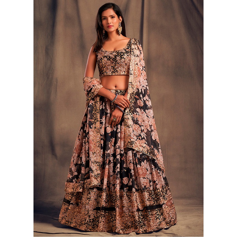 3 Pc Black Net Semi Stitched Lehenga Set - JD986596950