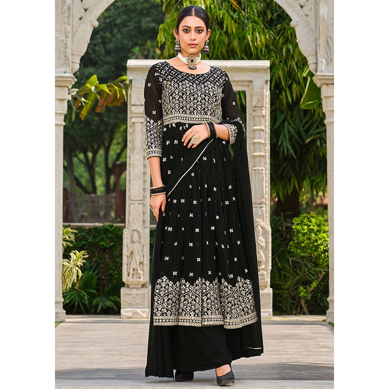 3 Pc Black Semi Stitched Georgette Suit Set - JD986597042