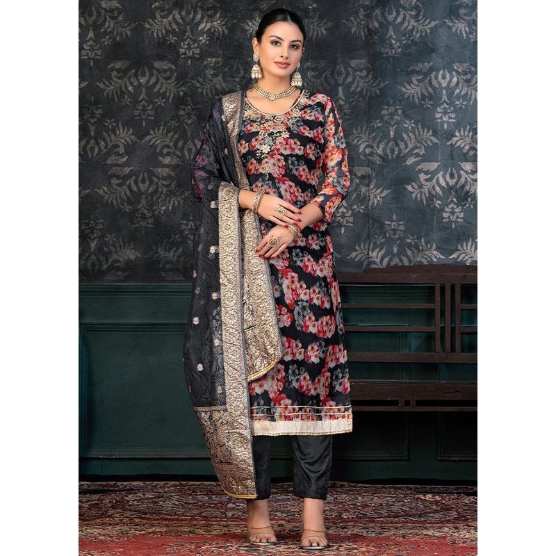 3 Pc Black Semi Stitched Organza Suit Set - JD986597036