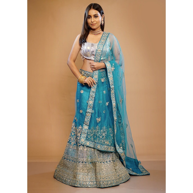 3 Pc Blue Georgette Semi Stitched Lehenga Set - JD986596915