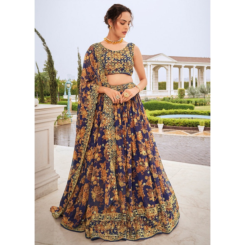 3 Pc Blue Georgette Semi Stitched Lehenga Set - JD986596937