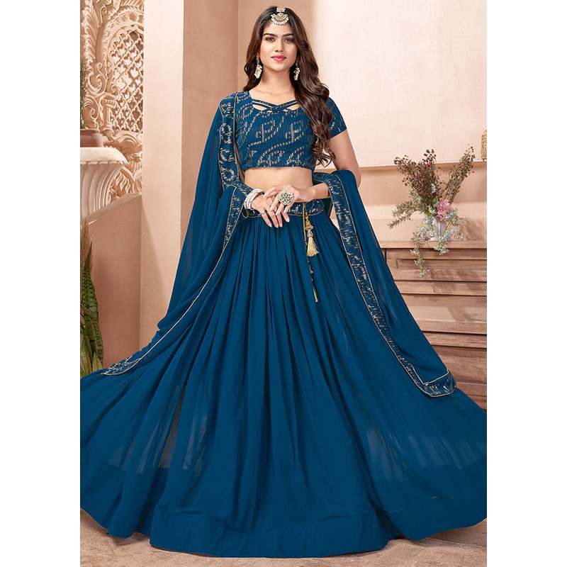 3 Pc Blue Georgette Semi Stitched Lehenga Set - JD986596957