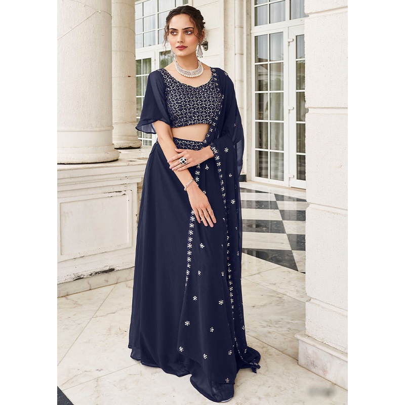 3 Pc Blue Georgette Semi Stitched Lehenga Set - JD986596975