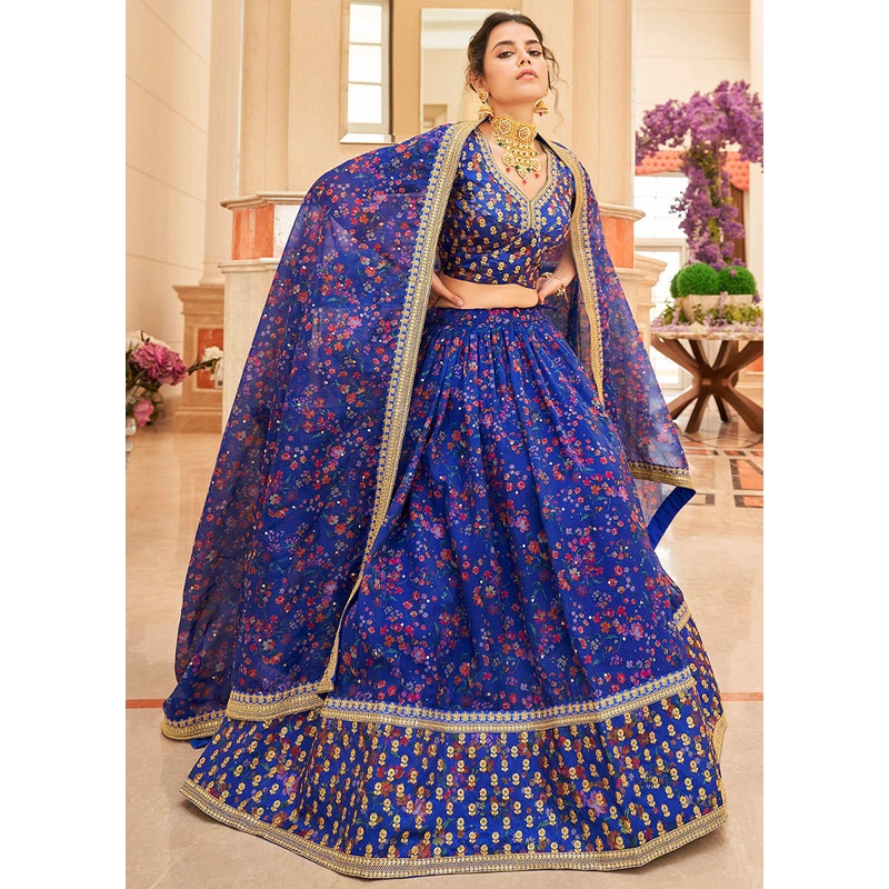 3 Pc Blue Net Semi Stitched Lehenga Set - JD986596928