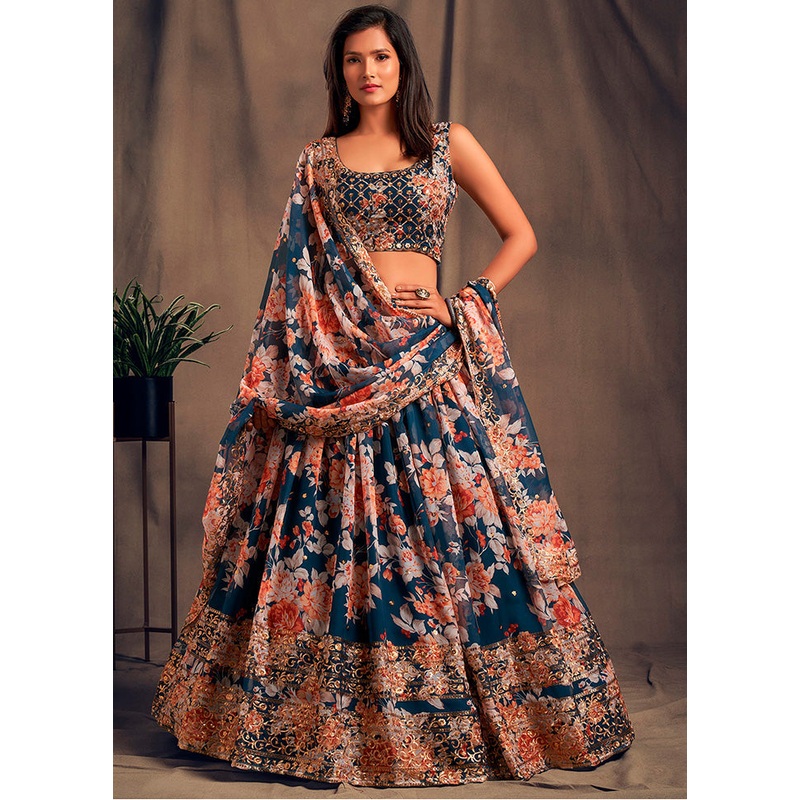 3 Pc Blue Net Semi Stitched Lehenga Set - JD986596951