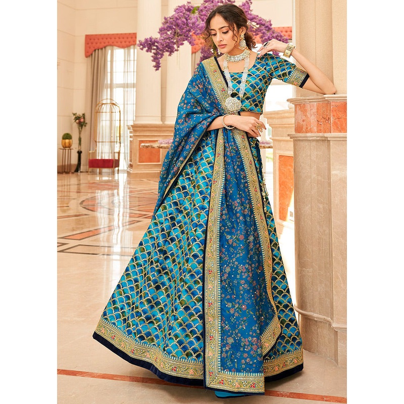 3 Pc Blue Silk Semi Stitched Lehenga Set - JD986596933