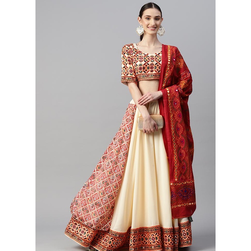3 Pc Cream Crepe Semi Stitched Lehenga Set - JD986596996