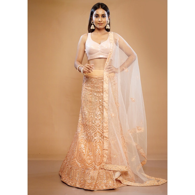 3 Pc Cream Georgette Semi Stitched Lehenga Set - JD986596907