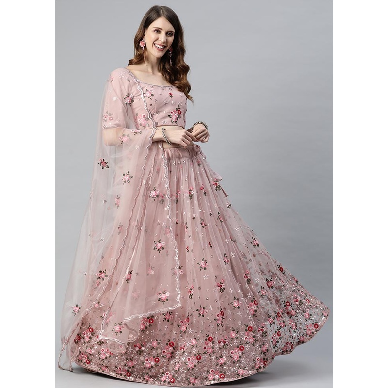3 Pc Dusty Pink Crepe Semi Stitched Lehenga Set - JD986596992