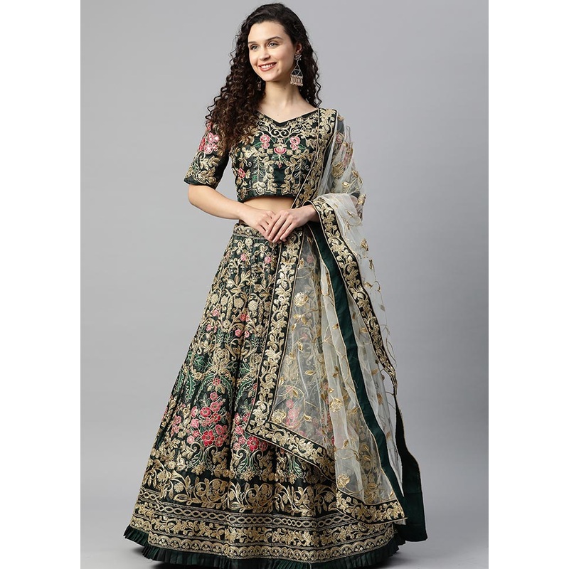 3 Pc Green Crepe Semi Stitched Lehenga Set - JD986596994