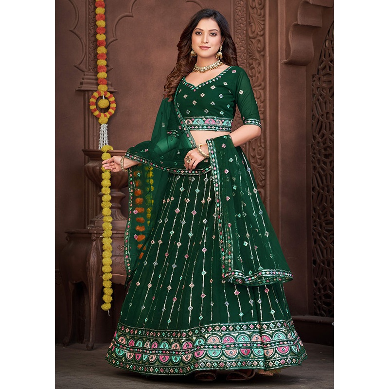 3 Pc Green Georgette Semi Stitched Lehenga Set - JD986596969