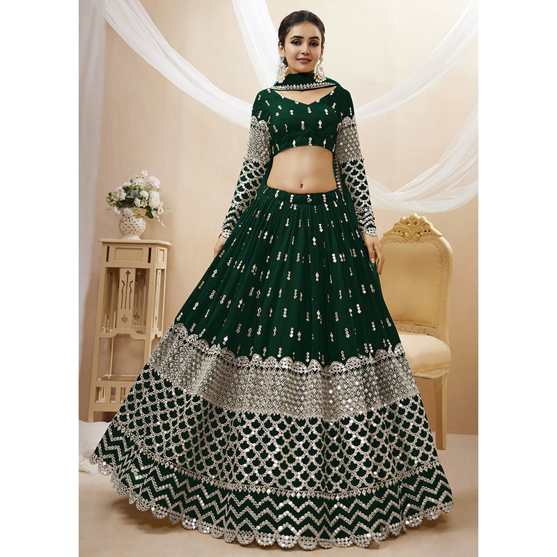 3 Pc Green Georgette Semi Stitched Lehenga Set - JD986596985