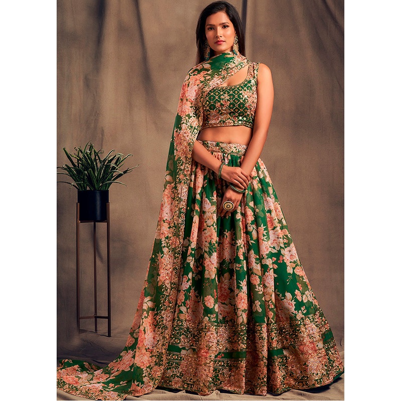 3 Pc Green Net Semi Stitched Lehenga Set - JD986596952