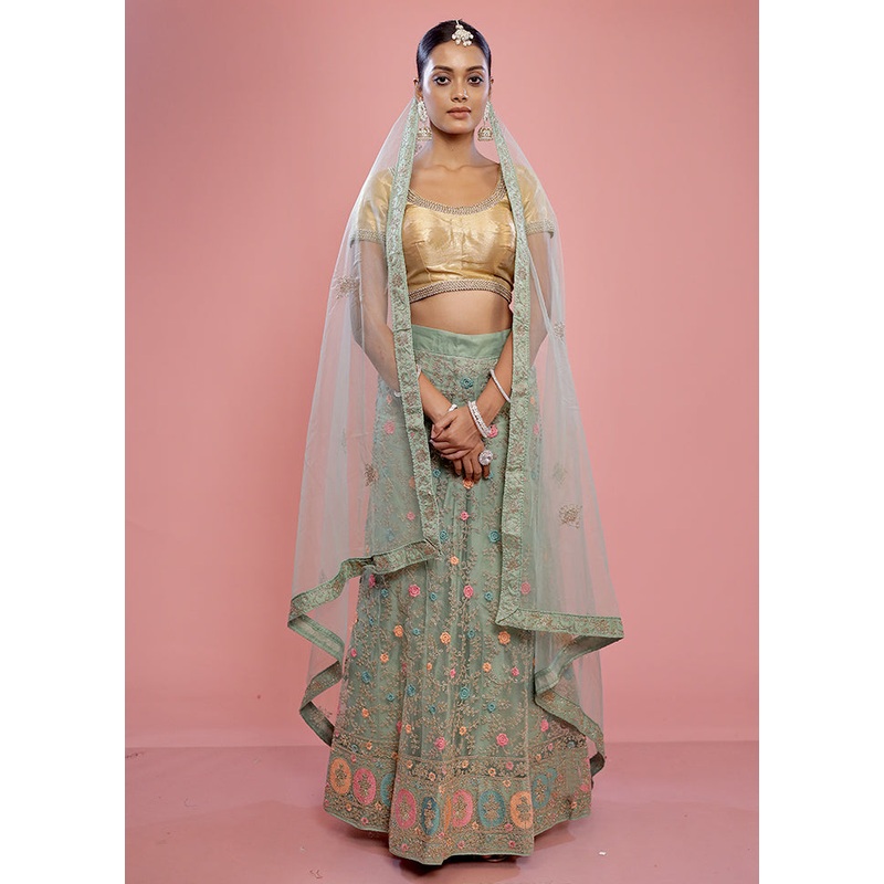 3 Pc Green Semi Stitched Silk Lehenga Set - JD986596905