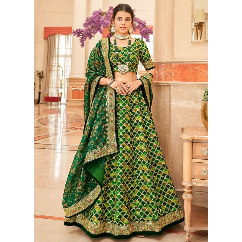 3 Pc Green Silk Readymade Lehenga Set - JD986596925