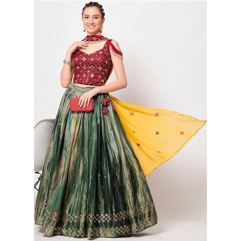 3 Pc Green Silk Semi Stitched Lehenga Set - JD986596927