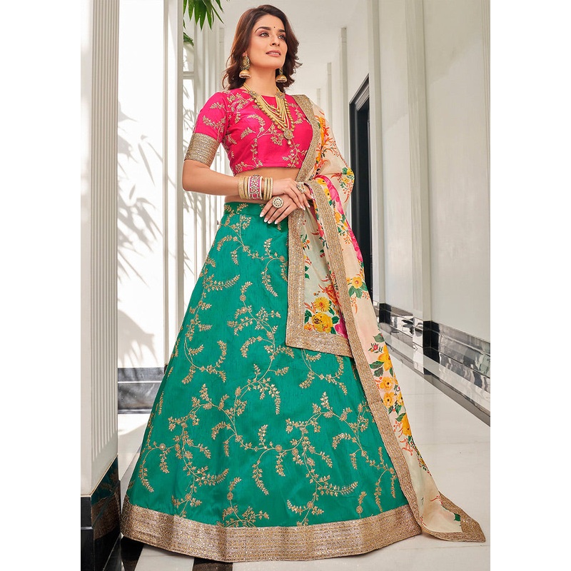 3 Pc Green Silk Semi Stitched Lehenga Set - JD986596931