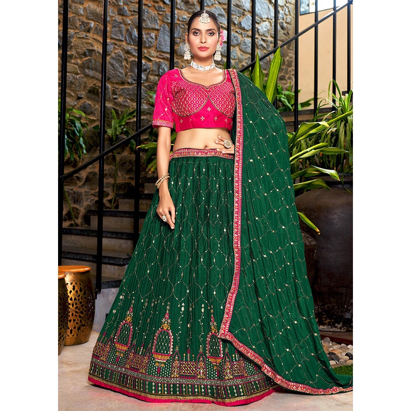 3 Pc Green Silk Semi Stitched Lehenga Set - JD986596940