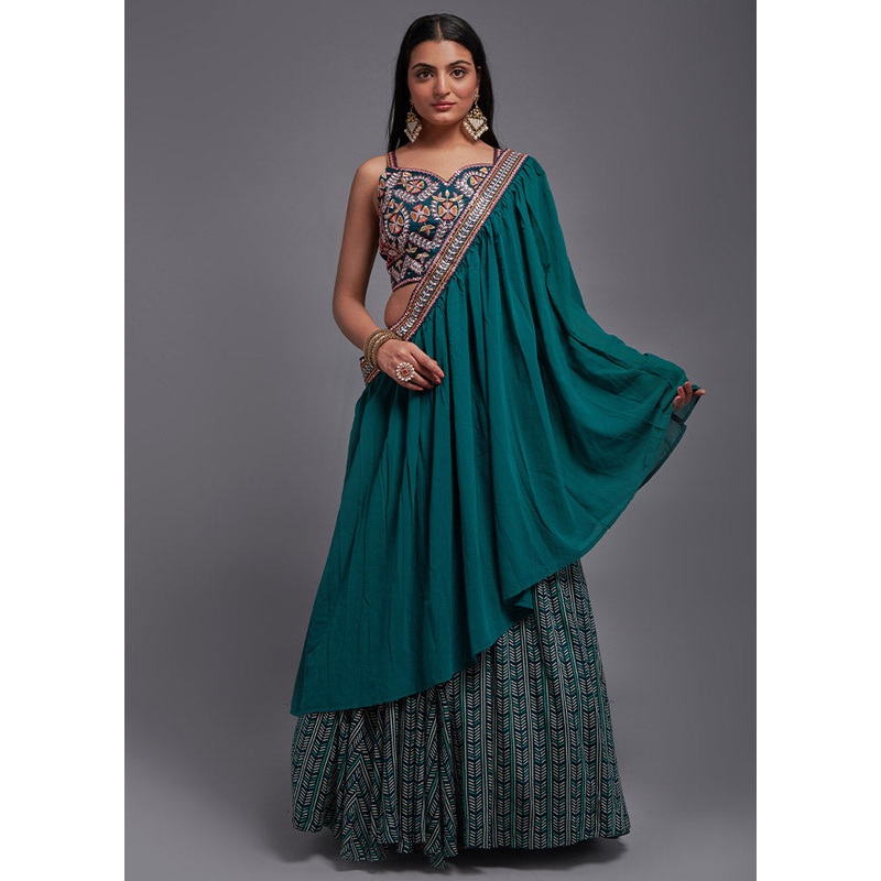3 Pc Green Viscose Semi Stitched Lehenga Set - JD986596938